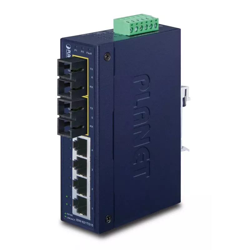PLANET ISW-621TS15 switch Fast Ethernet industrial L2 no gestionado con 4x 10/100 + 2x 100Base-FX SC multimodo, montaje en carril DIN/pared, -40 a 75 °C