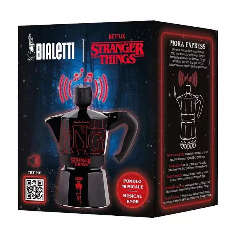 Bialetti Moka Express Sound Stranger Things Cafetera espresso para fogones 3 tazas (150 ml) Negra