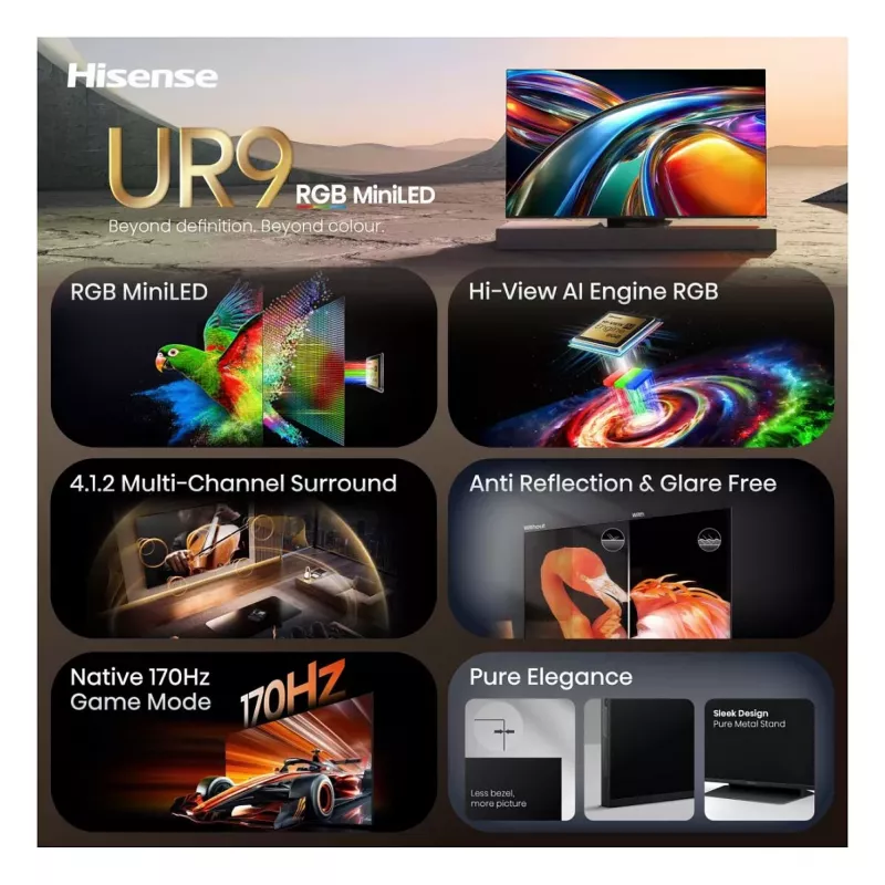 Hisense 65UR9DS Smart TV de 65 pulgadas 4K UHD RGB MiniLED, 3840x2160, 170 Hz, 6 ms, HDR, HDMI, USB-C, LAN, WiFi, Bluetooth, negro/gris