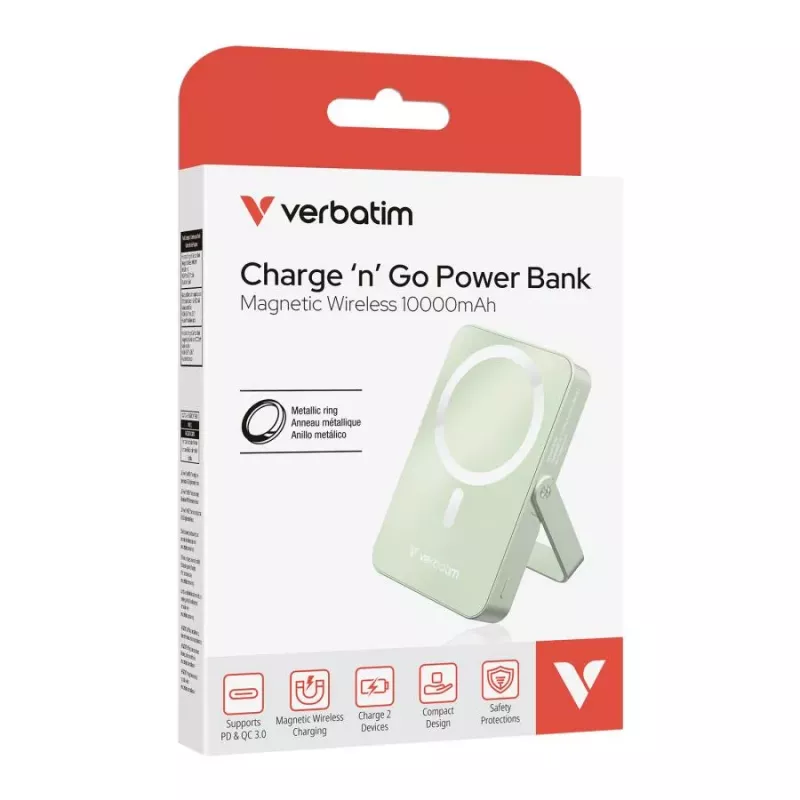 Verbatim Charge 'n' Go Batería externa inalámbrica magnética con soporte 10000mAh USB-C PD 3.0 Verde