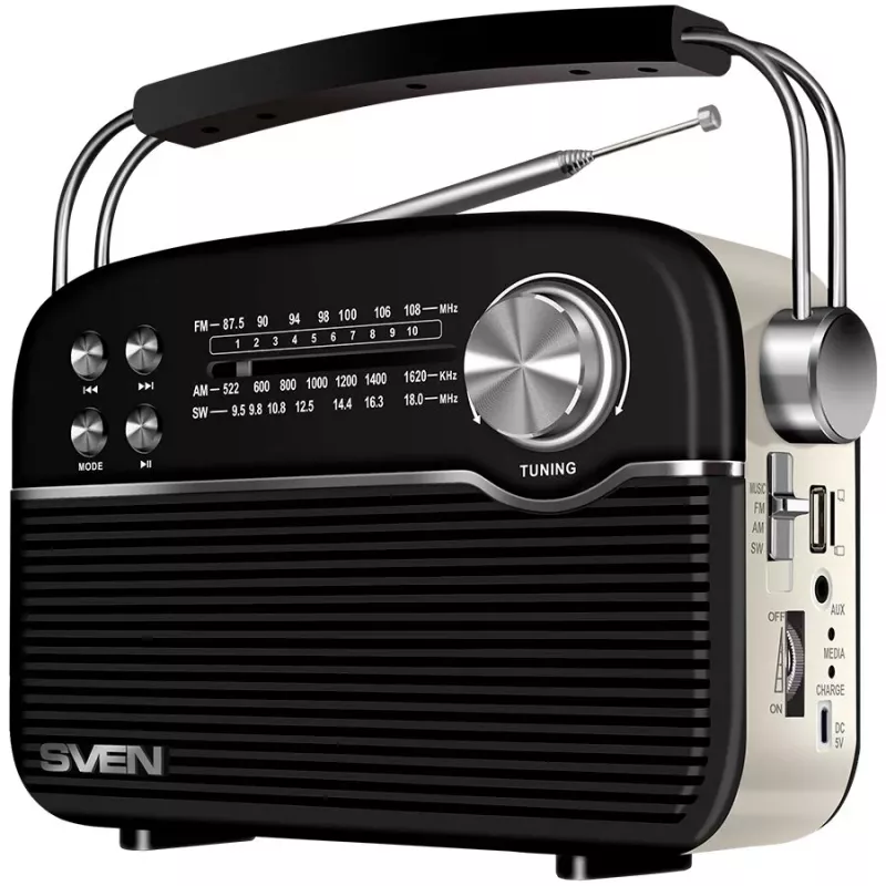 Altavoz SVEN SRP-500, Negro (3W, Bluetooth, FM/AM/SW, USB, microSD, AUX, batería)