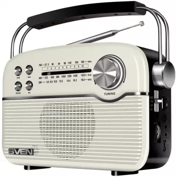 SVEN SRP-500 Altavoz Bluetooth portátil, Blanco (3W, radio FM/AM/SW, USB, microSD, AUX, batería)