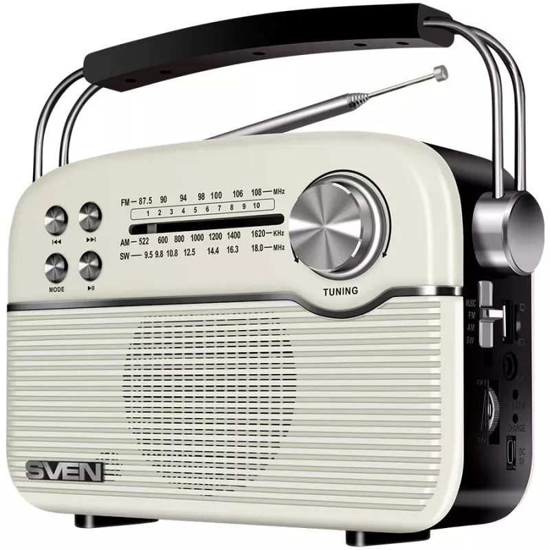 SVEN SRP-500 Altavoz Bluetooth portátil, Blanco (3W, radio FM/AM/SW, USB, microSD, AUX, batería)