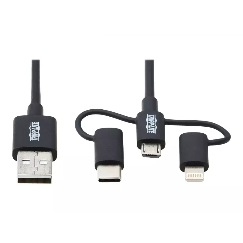 Eaton Tripp Lite Series Cable de sincronización/carga universal USB-A a Lightning, USB Micro-B y USB-C (M/3xM), certificado MFi, Negro, 1,8 m
