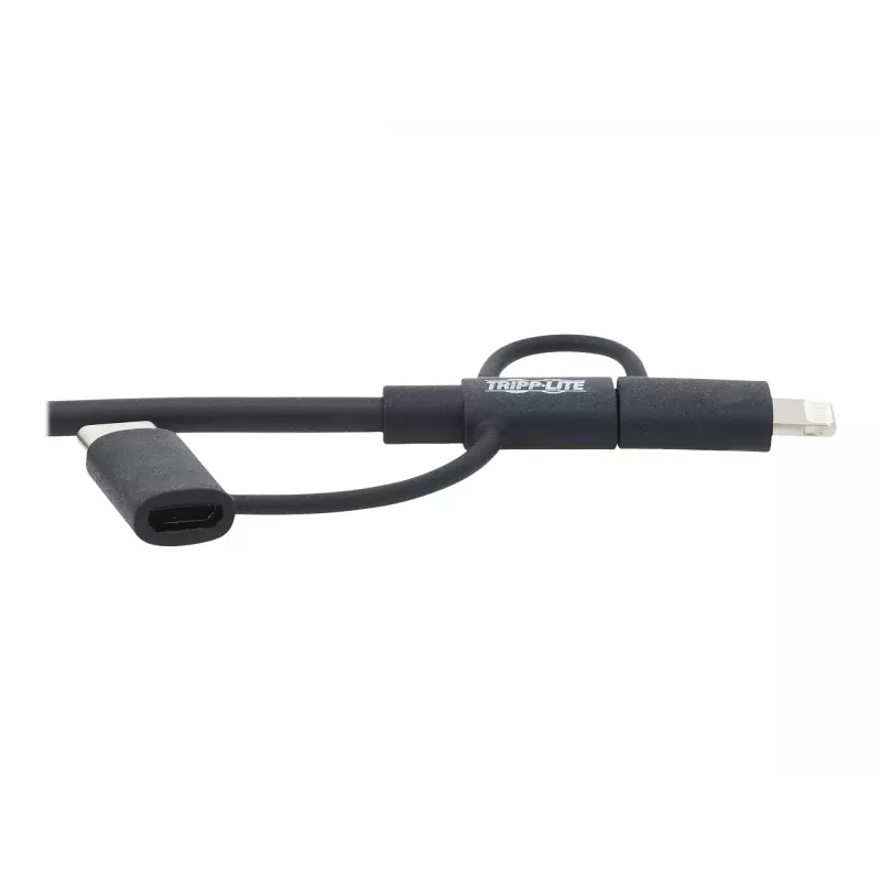 Eaton Tripp Lite Series Cable de sincronización/carga universal USB-A a Lightning, USB Micro-B y USB-C (M/3xM), certificado MFi, Negro, 1,8 m