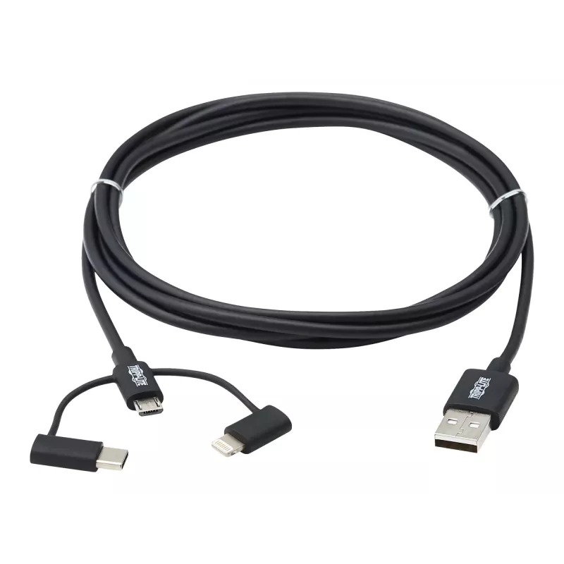 Eaton Tripp Lite Series Cable de sincronización/carga universal USB-A a Lightning, USB Micro-B y USB-C (M/3xM), certificado MFi, Negro, 1,8 m