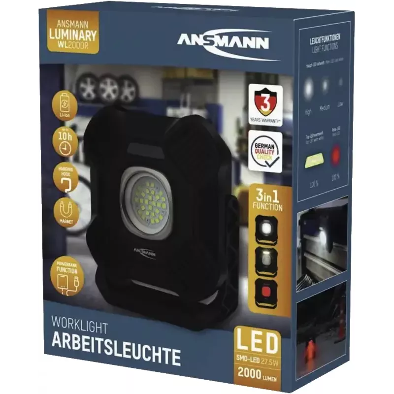 ANSMANN WL2000R Lámpara de trabajo LED recargable, Negra, 20W, 2000lm, con imán, gancho de suspensión, trípode - 1 ud. (1600-0755)