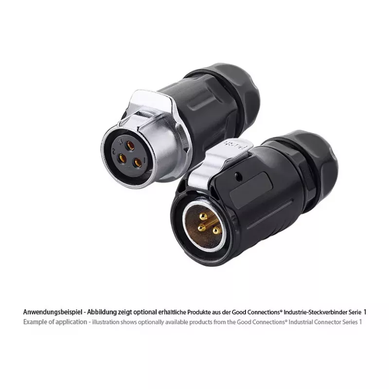 GoodConnections IC01-20P301 conector industrial S1 Power, clavija de 3 pines, M20, bloqueo click, terminal de soldadura, IP65/66