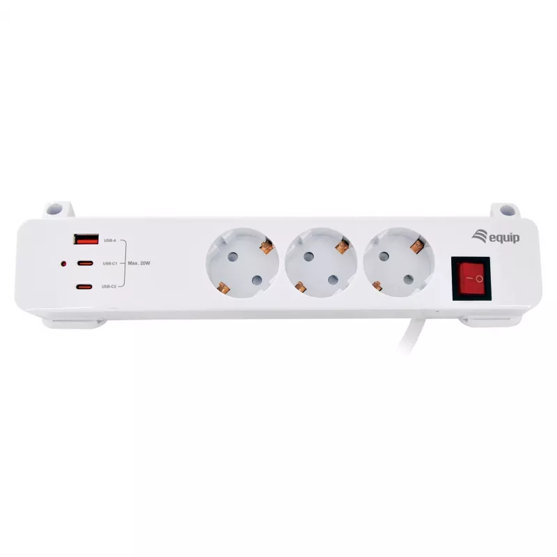 Equip Regleta de alimentación CEE 7/7 90° a 3x Schuko / 2x USB-C + USB-A, blanca, 1,5m