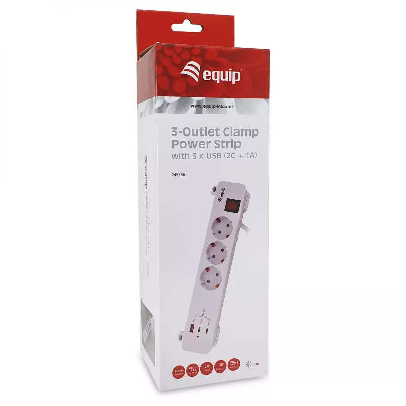 Equip Regleta de alimentación CEE 7/7 90° a 3x Schuko / 2x USB-C + USB-A, blanca, 1,5m