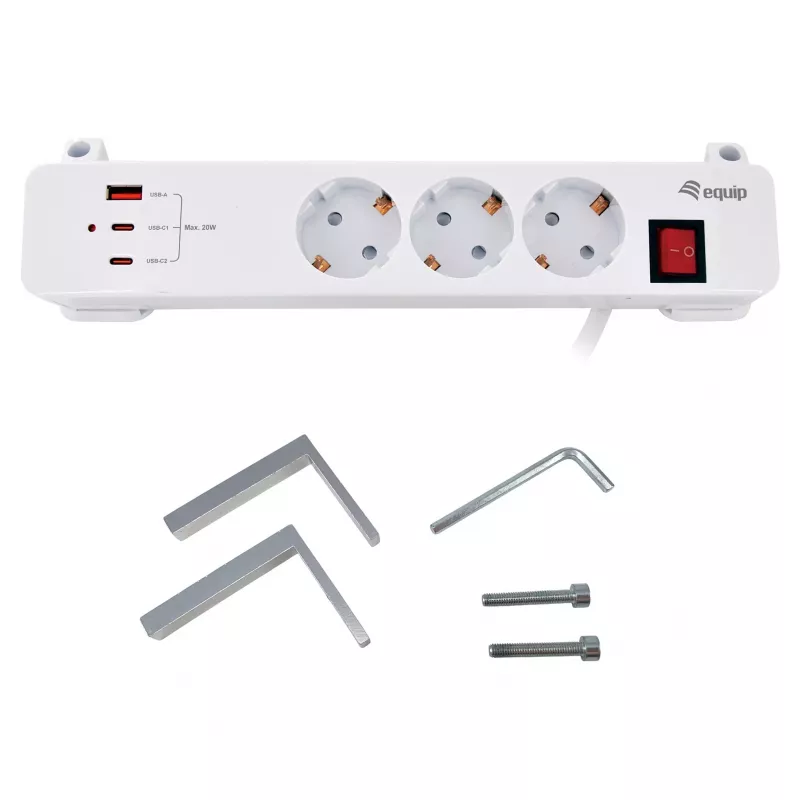 Equip Regleta de alimentación CEE 7/7 90° a 3x Schuko / 2x USB-C + USB-A, blanca, 1,5m