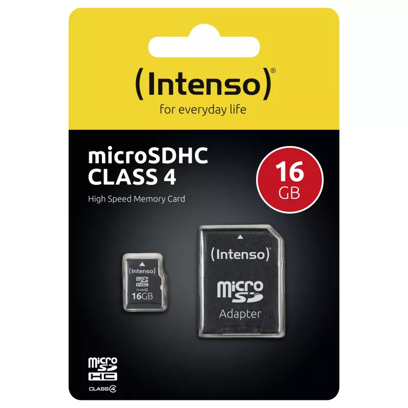 Intenso 16GB tarjeta de memoria MicroSDHC Class 4 con adaptador SD, hasta 21 MB/s de velocidad de lectura, negro