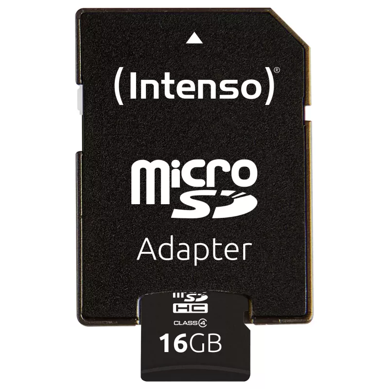 Intenso 16GB tarjeta de memoria MicroSDHC Class 4 con adaptador SD, hasta 21 MB/s de velocidad de lectura, negro