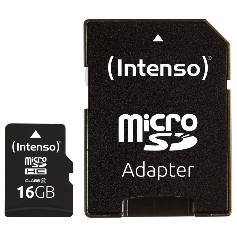 Intenso 16GB tarjeta de memoria MicroSDHC Class 4 con adaptador SD, hasta 21 MB/s de velocidad de lectura, negro