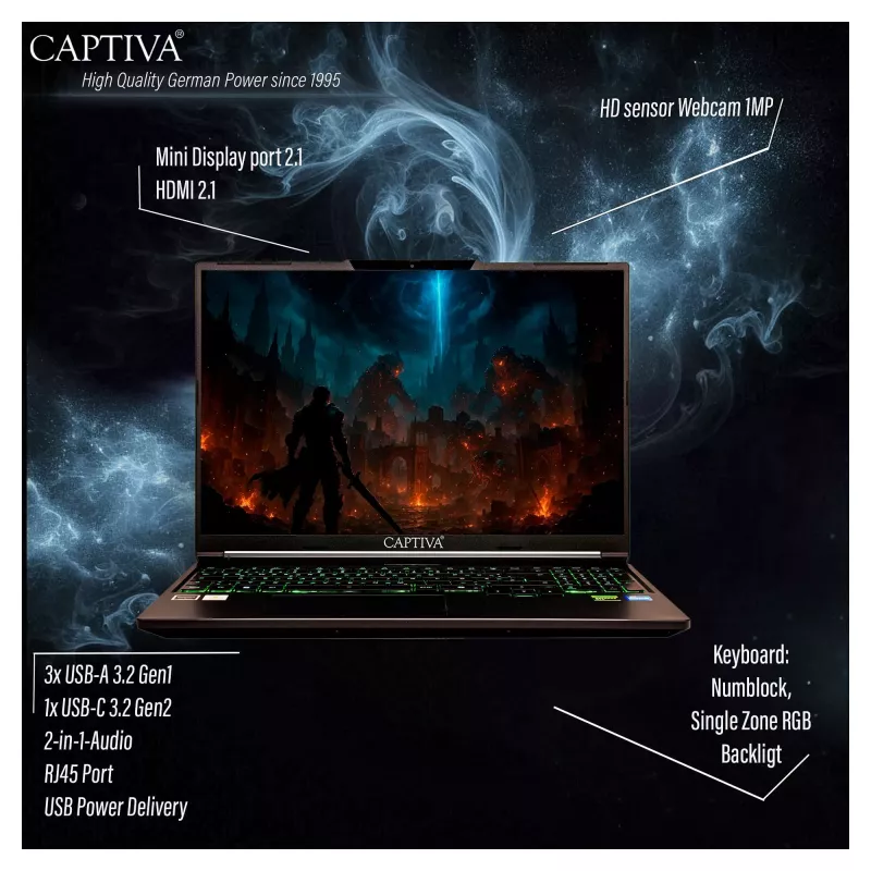 CAPTIVA I95-048GE Portátil gaming - Intel Core i7-14650HX, 16GB DDR5, 500GB SSD, NVIDIA GeForce RTX 5070, 16 inch WQXGA, Windows 11 Home