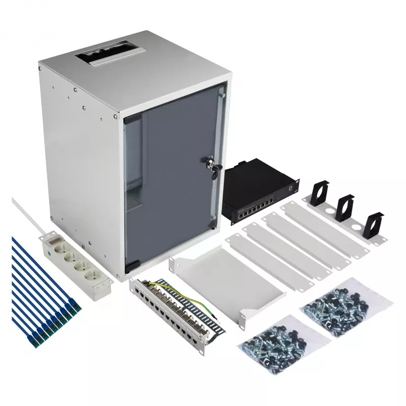 EFB Armario de pared 10 pulgadas 9U 300mm de profundidad gris claro (RAL 7035) con puerta de cristal de seguridad