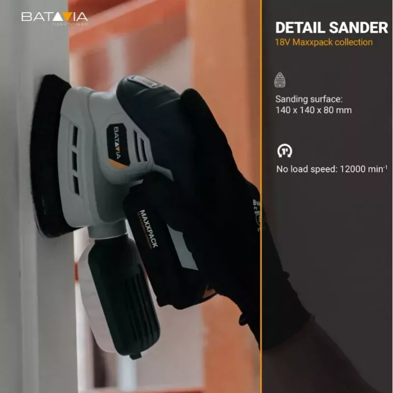 Batavia Lijadora de detalle a batería 18V (solo herramienta) - plataforma Maxxpack 18V, plato de lijado delta, velcro, aspiración de polvo, empuñadura soft