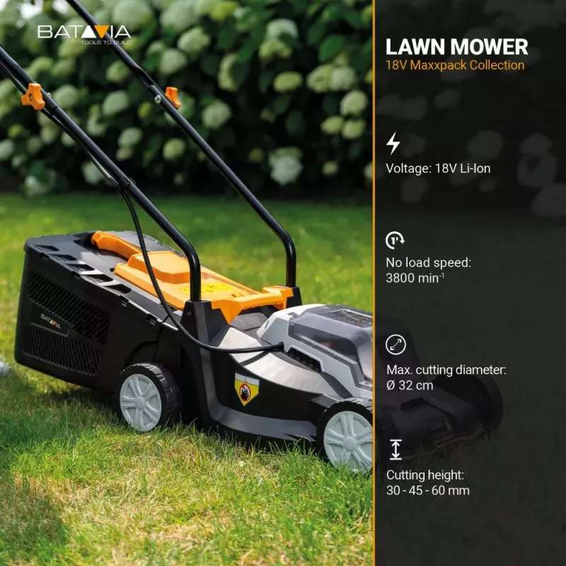 Batavia Cortacésped a batería 18V 32 cm - herramienta sin batería ni cargador - superficie de corte máxima 200 m²