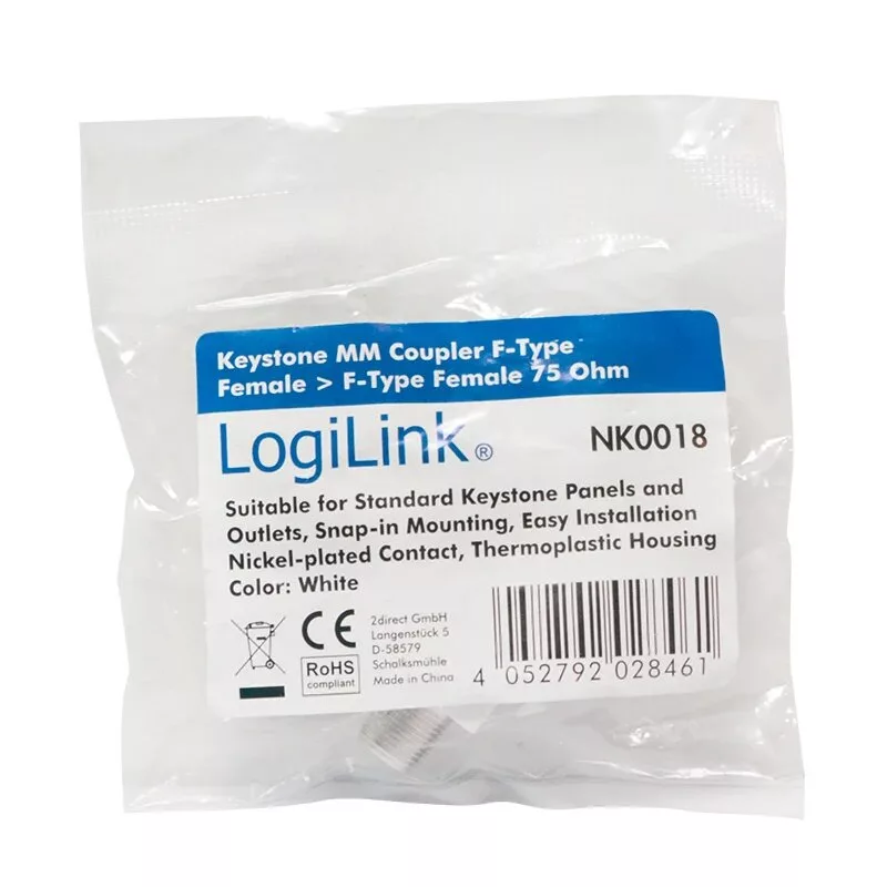 LogiLink Acoplador en línea Keystone F hembra a F hembra 75 ohmios blanco