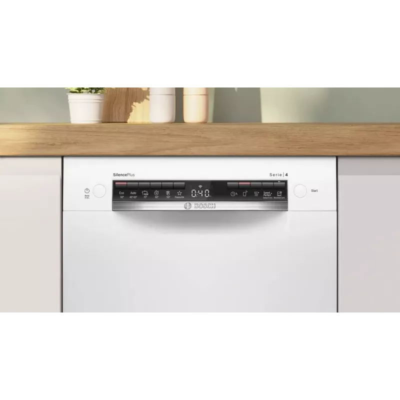 Bosch SPU4HMW01S lavavajillas estrecho de libre instalación, blanco, 9 cubiertos, clase de eficiencia energética C, 45 dB, EcoSilence Drive, Home Connect