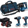 BOSCH Power Tools 18V Professional combo: martillo perforador GBH 18V-22 + taladro atornillador GSR 18V-65 + llave de impacto GDX 18V-285 (azul/negro, 3x baterías de Li-Ion 5,0 Ah, bolsa de herramientas)