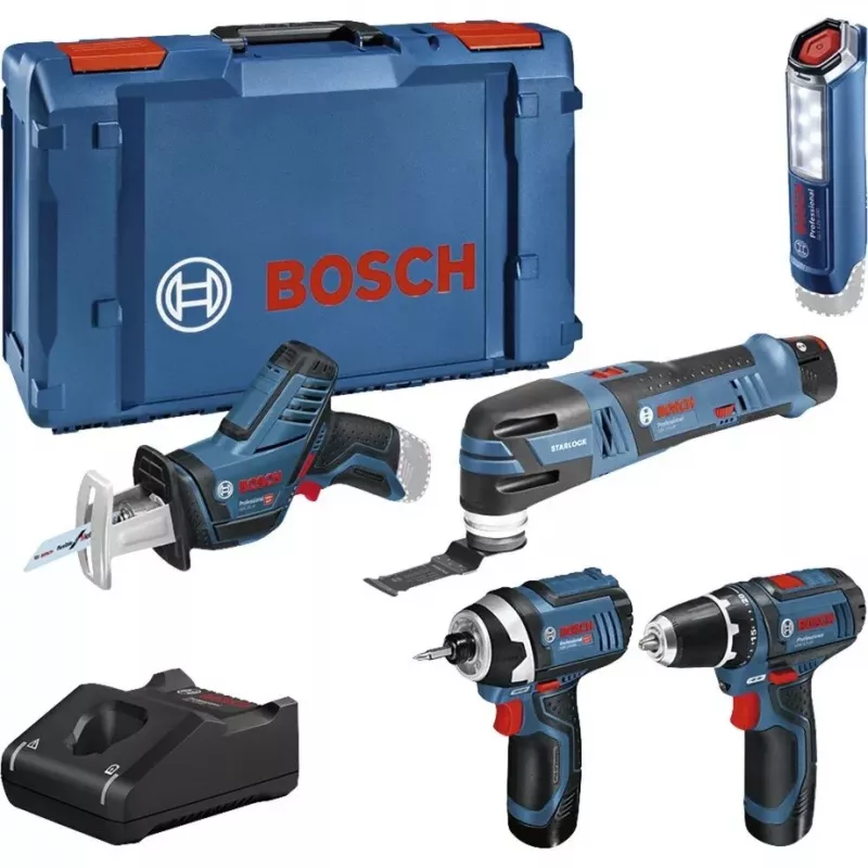 Bosch Power Tools 12V juego de herramientas de 5 piezas GOP + GSR + GDR + GSA + GLI (azul, 3x batería de Li-Ion 2,0 Ah)