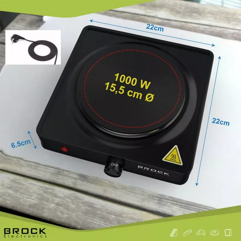 Brock EP 100 BK placa eléctrica individual, 1500 W, negro