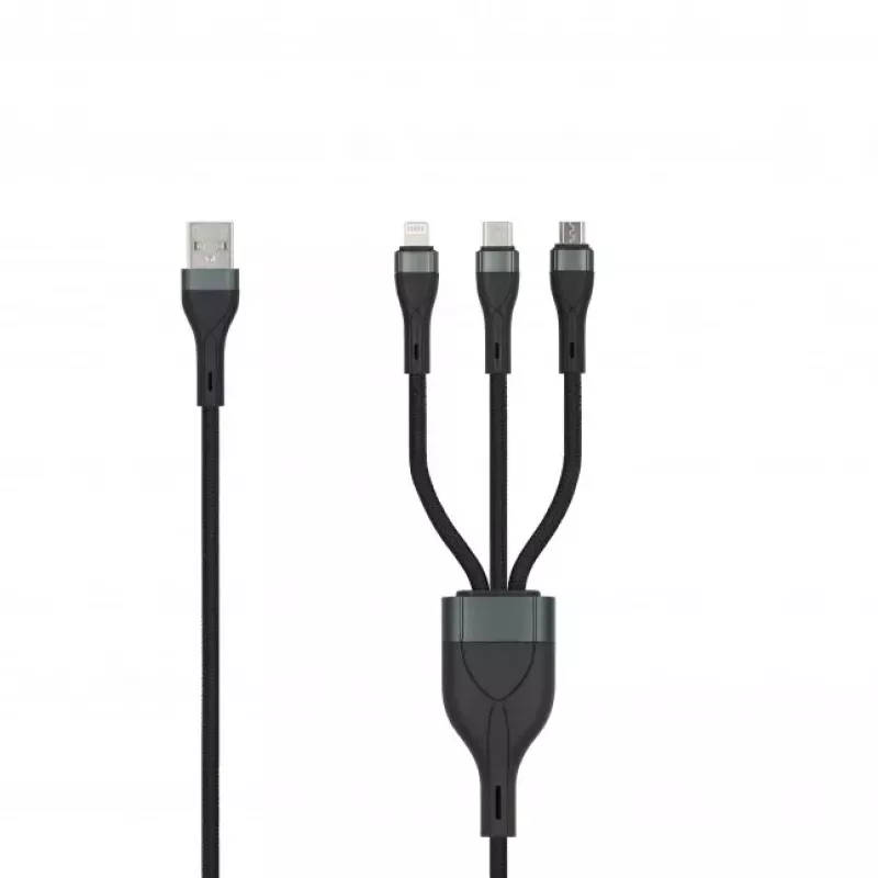 SEEK TOTI cable trenzado USB-A a Micro-USB / USB-C / Lightning 1,5m 2A (Non-MFI) negro