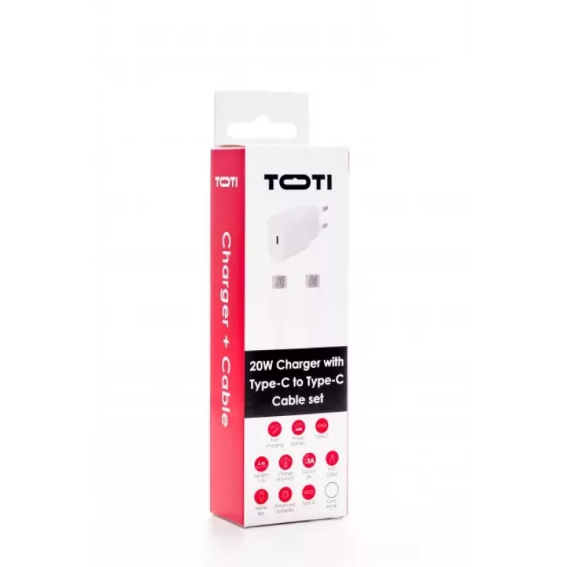 SEEK TOTI cargador de pared 20W Type-C PD con cable de datos Type-C a Type-C 1 m PVC 3A, blanco