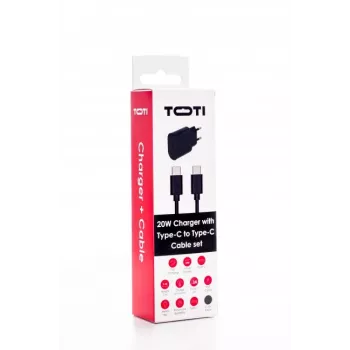 SEEK TOTI cargador de pared 20W Type-C PD con cable de datos Type-C a Type-C 1 m PVC 3A, negro