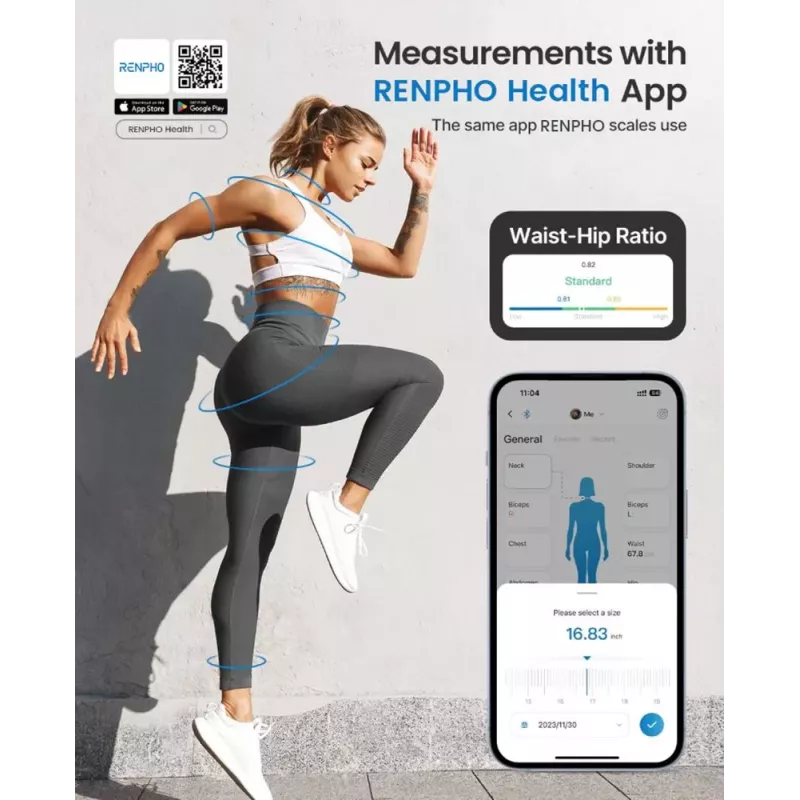 RENPHO Cinta métrica inteligente - cinta corporal Bluetooth para IMC, cintura, cadera, brazo, pierna, pecho - retráctil automática, pantalla LCD, compatible con Renpho Health App, Apple Health, Google Fit, Samsung Health - negra