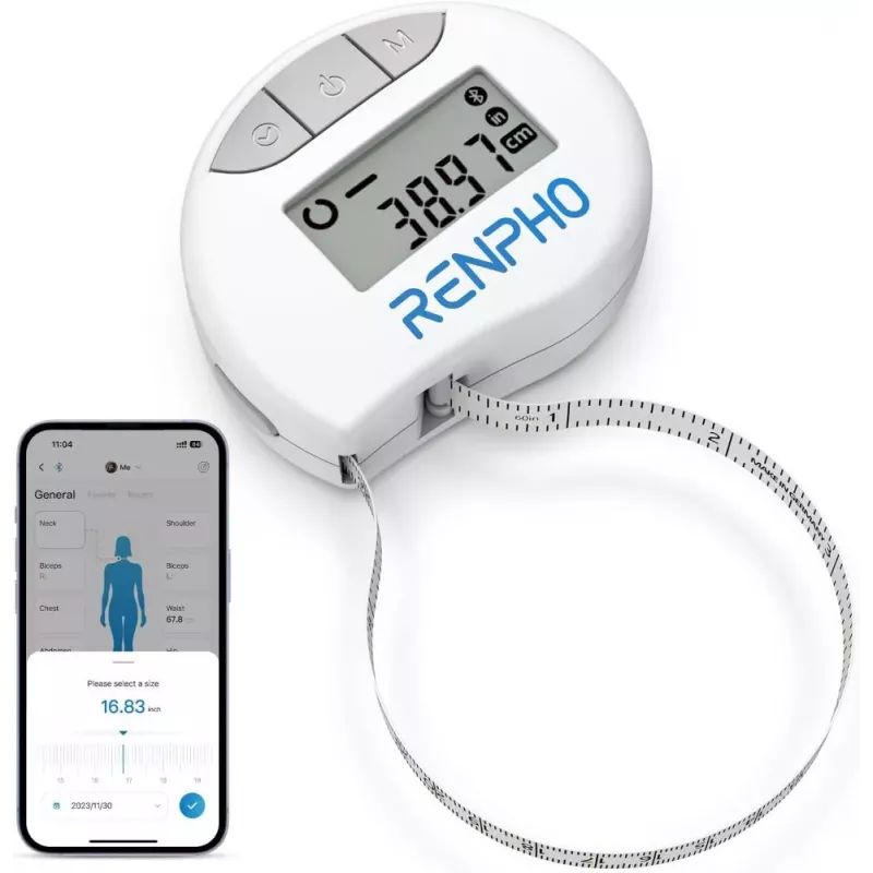 RENPHO Cinta métrica inteligente - cinta corporal Bluetooth para IMC, cintura, cadera, brazo, pierna, pecho - retráctil automática, pantalla LCD, compatible con Renpho Health App, Apple Health, Google Fit, Samsung Health - negra
