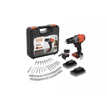 BLACK & DECKER 18V taladro percutor atornillador con batería, 2 baterías de 2,0 Ah, cargador y 80 accesorios
