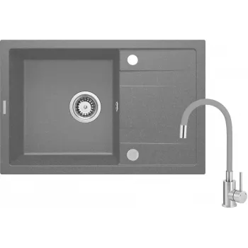 DEANTE Fregadero de cocina de granito compuesto 1 cubeta con grifo y escurridor, negro, 780x435 mm