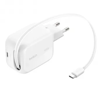 Belkin UltraCharge 45W Dual GaN cargador USB-C retráctil blanco