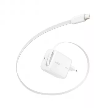 Belkin BOOST CHARGE Pro 67W cargador de pared dual GaN con cable USB-C retráctil, blanco