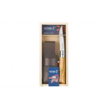 OPINEL N.º 08 Navaja de bolsillo de madera de olivo con funda de cuero en caja de regalo
