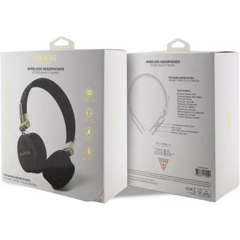 GUESS GUBH704GEMK Auriculares Bluetooth over-ear, negros, 4G Metal Logo