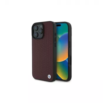 BMW iPhone 16 Pro Max Funda rígida roja Sign Leather Diamond Metal Logo MagSafe