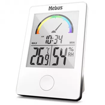 MEBUS 11130 Termohigrómetro Blanco - Monitor digital de temperatura y humedad con pantalla LCD