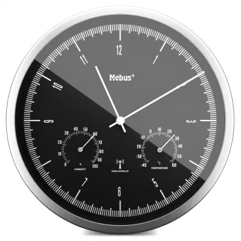 MEBUS 19777 reloj de pared radiocontrolado con termohigrómetro, plata/blanco, 30 cm