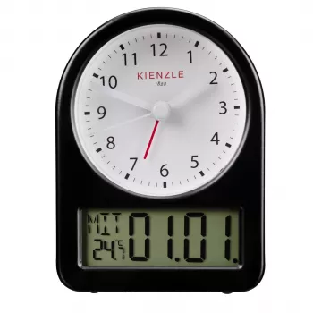 KIENZLE Despertador retro (14985) - Carcasa de metal negra, esfera blanca, agujas luminosas