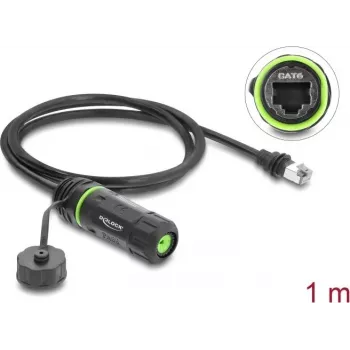 Delock cable de montaje en panel RJ45 macho a RJ45 hembra Cat.6 con rosca M20 x 1,5 mm y carcasa compatible con Starlink, Negro, 20 cm