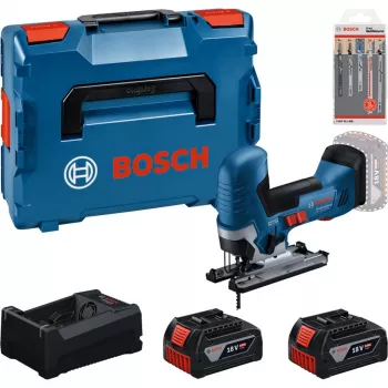 BOSCH PowerTools Juego de sierra de calar a batería con 2 baterías de 5,0 Ah, cargador rápido y juego de hojas de sierra de calar en L-BOXX (Boxed)