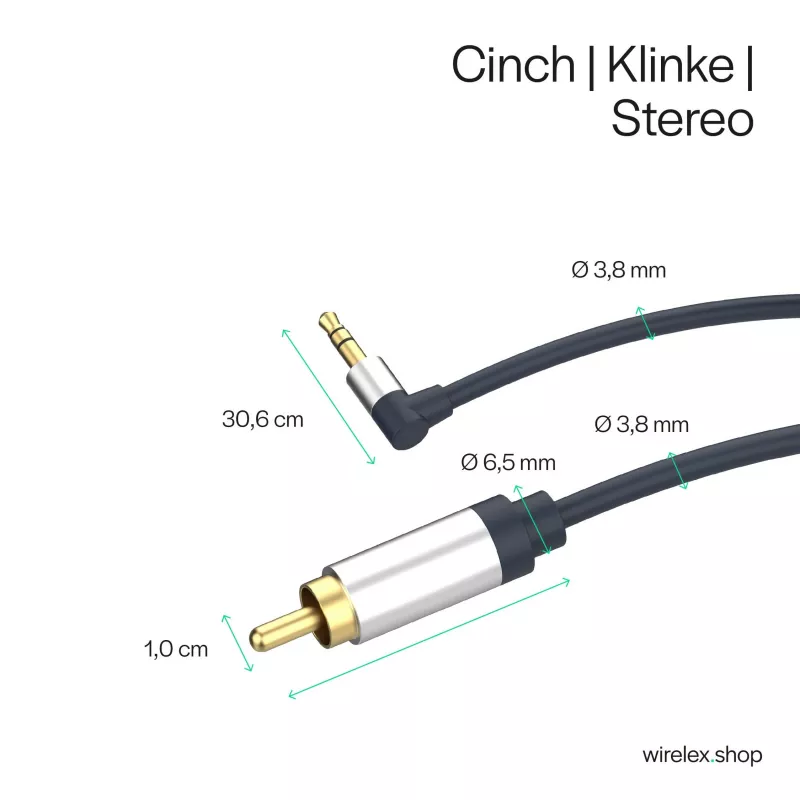 ShiverPeaks Flexline cable de audio jack 3,5mm a 2x RCA, conector en ángulo, 0,75m, negro