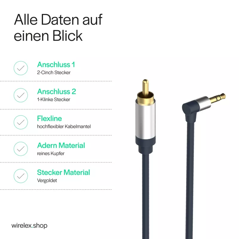 ShiverPeaks Flexline cable de audio jack 3,5mm a 2x RCA, conector en ángulo, 0,75m, negro