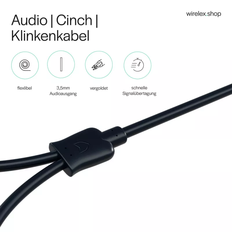 ShiverPeaks Flexline cable de audio jack 3,5mm a 2x RCA, conector en ángulo, 0,75m, negro