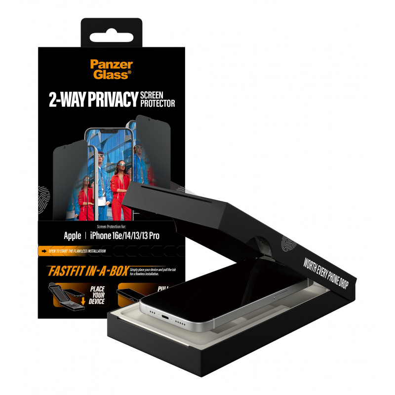 PanzerGlass Protector de pantalla 2-Way Privacy para iPhone 17e/16e/14/13/13 Pro, Ultra-Wide Fit con FastFit In-A-Box (PG02105)