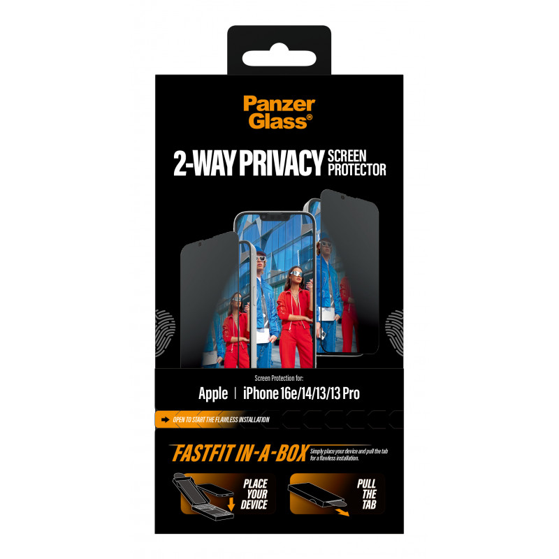 PanzerGlass Protector de pantalla 2-Way Privacy para iPhone 17e/16e/14/13/13 Pro, Ultra-Wide Fit con FastFit In-A-Box (PG02105)