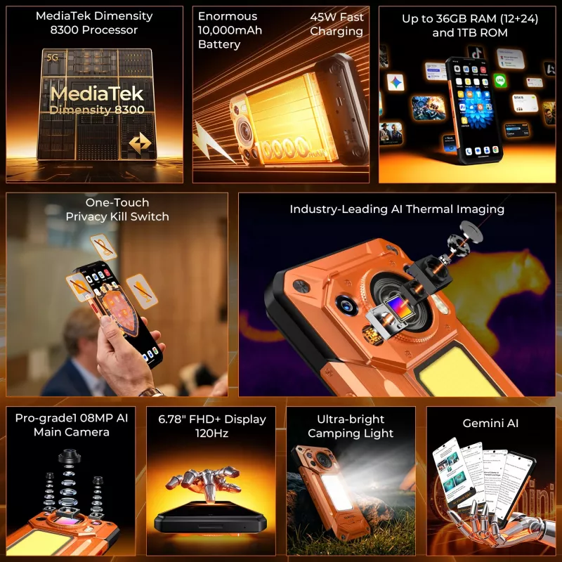 OUKITEL WP500 Ultra 6.78 pulgadas 12GB/1TB 10000mAh 5G smartphone robusto naranja